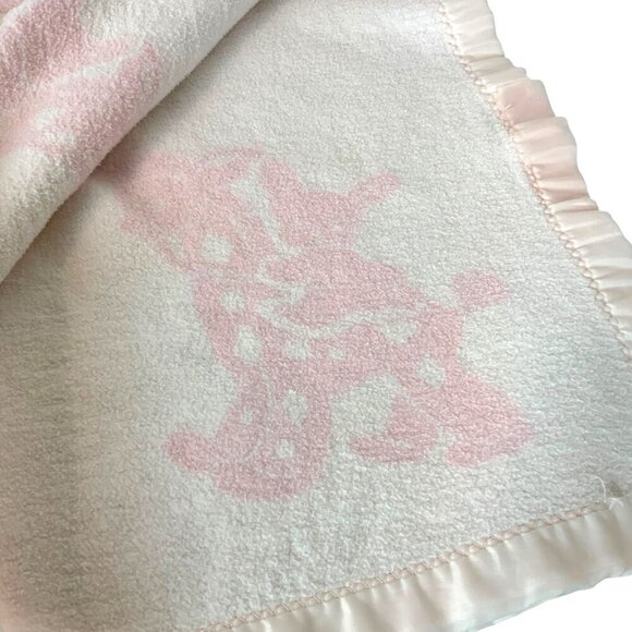 Vintage Acrylic Pink Baby Blanket With Bunny & Giraffe Design Satin Trim - Picture 2 of 7